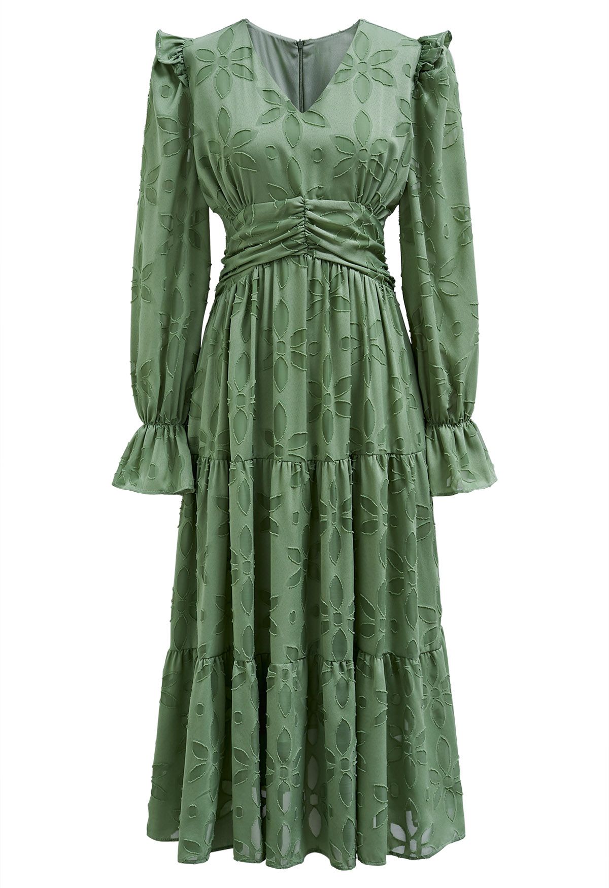 فستان ميدي من الشيفون بخصر مزين بالزهور باللون الأخضر