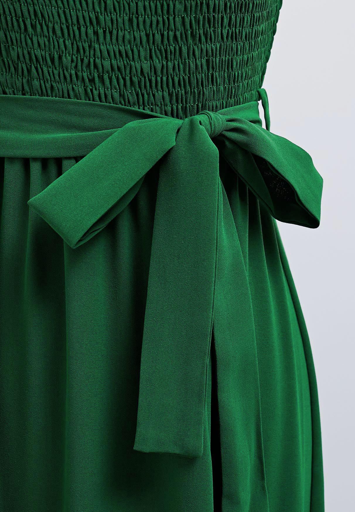 فستان ميدي بحزام كشكش غير منتظم باللون الأخضر