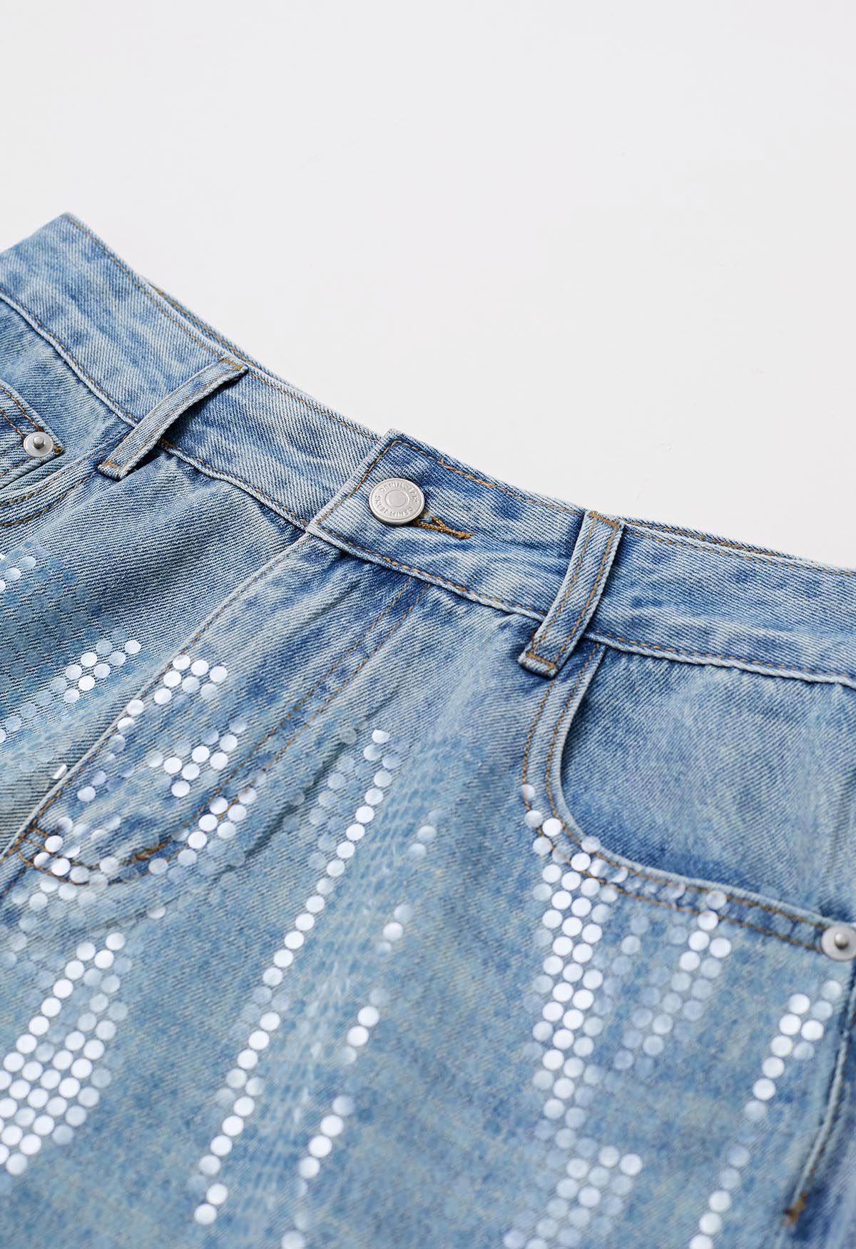 بنطال جينز واسع الساق مزين بالترتر