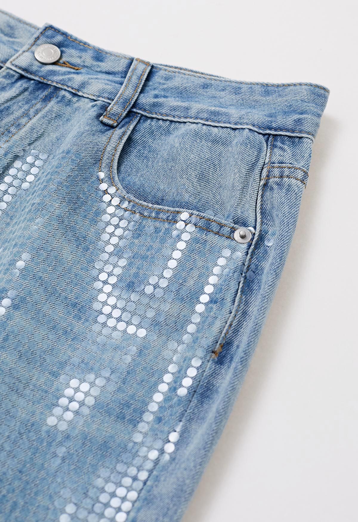 بنطال جينز واسع الساق مزين بالترتر