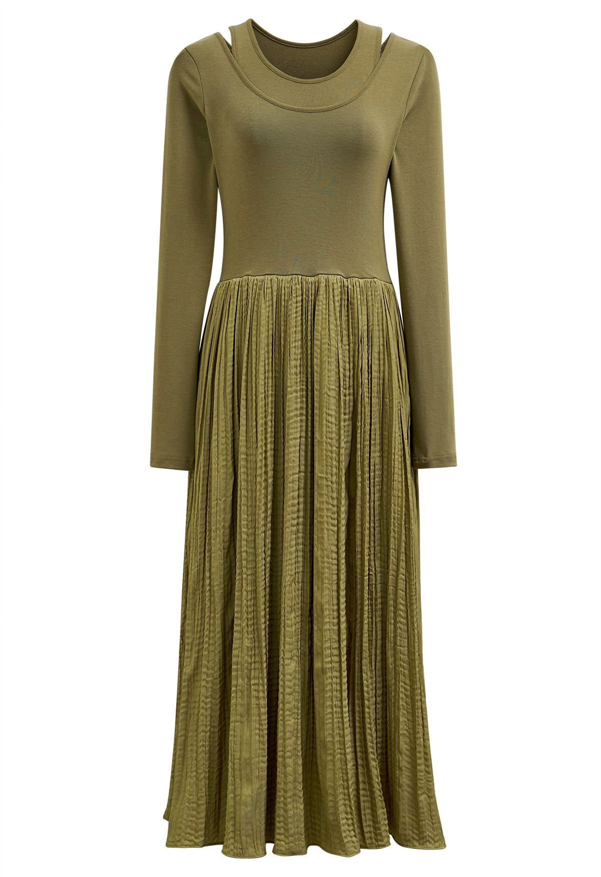 فستان متوسط الطول مقسم من قطعتين باللون الأخضر الطحلب