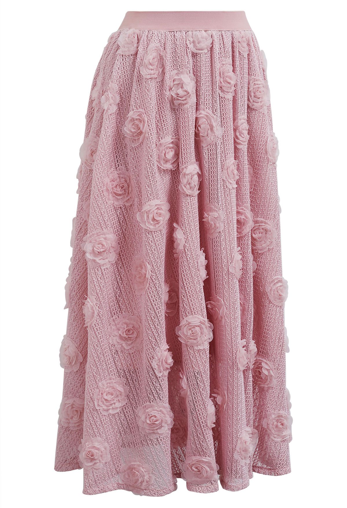 تنورة ميدي قطنية مخرمة ثلاثية الأبعاد باللون الوردي