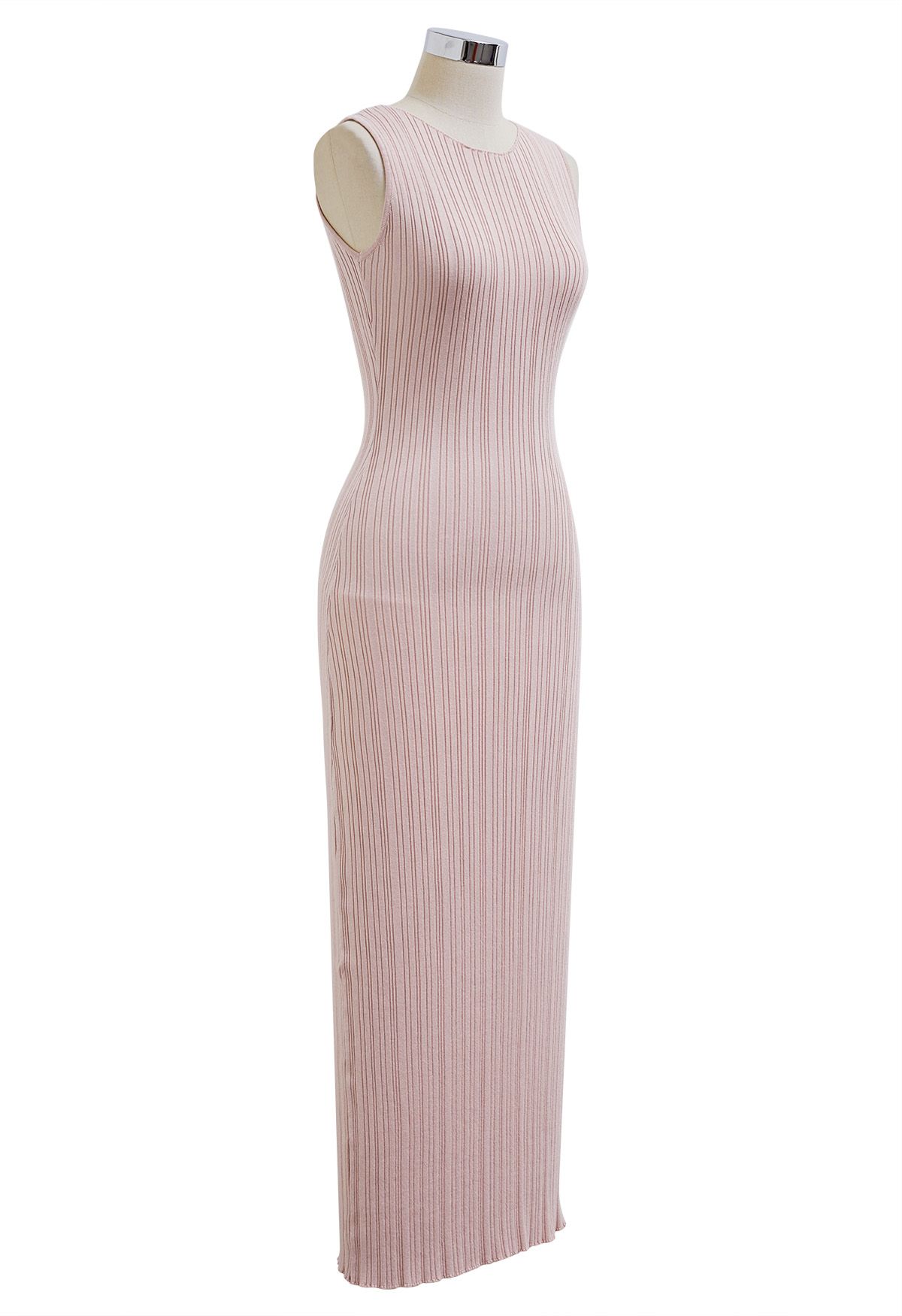 فستان ماكسي منسوج بدون أكمام بفتحة خلفية باللون الوردي