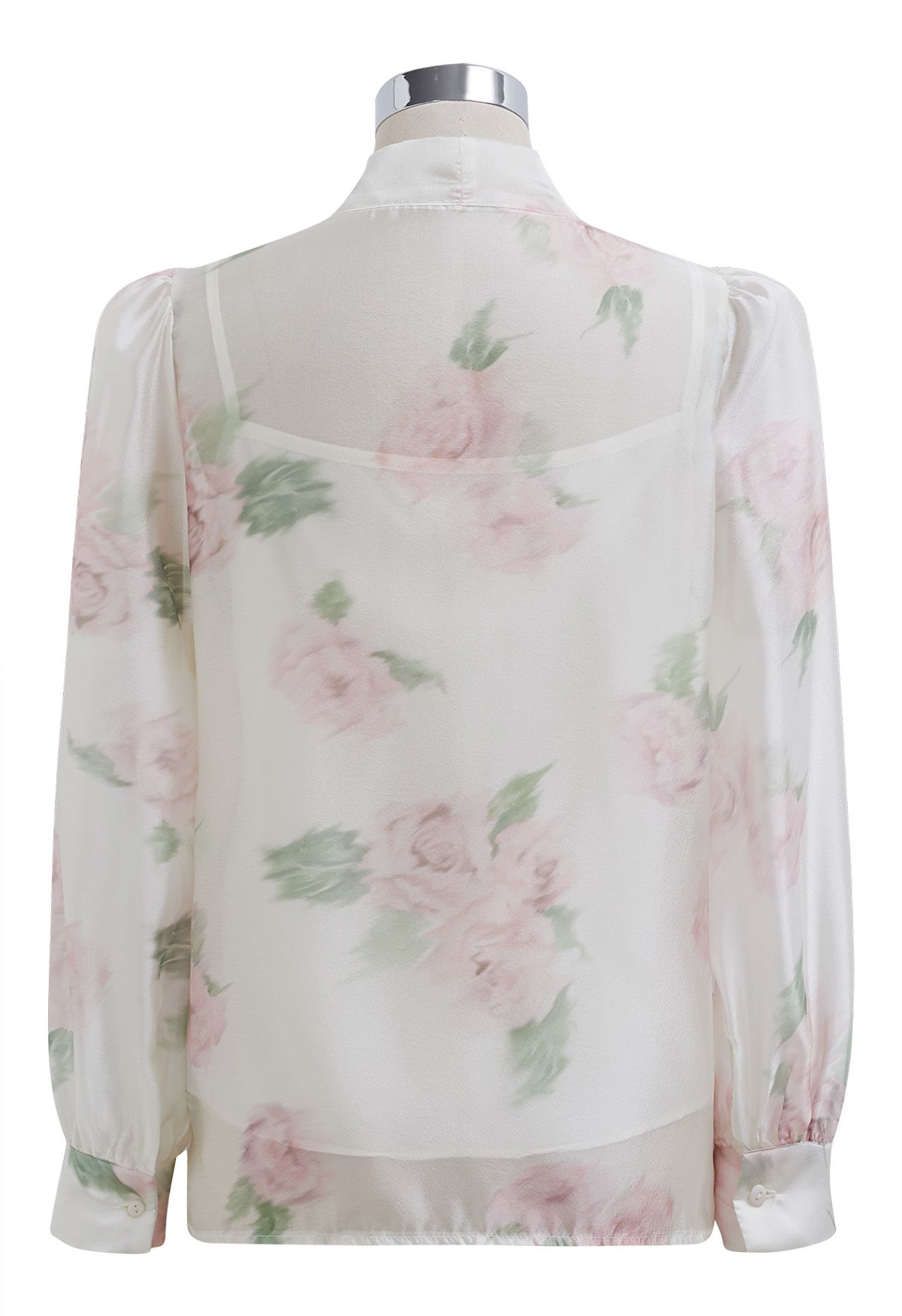 قميص شفاف بعقدة زهور وألوان مائية ساحرة باللون الكريمي