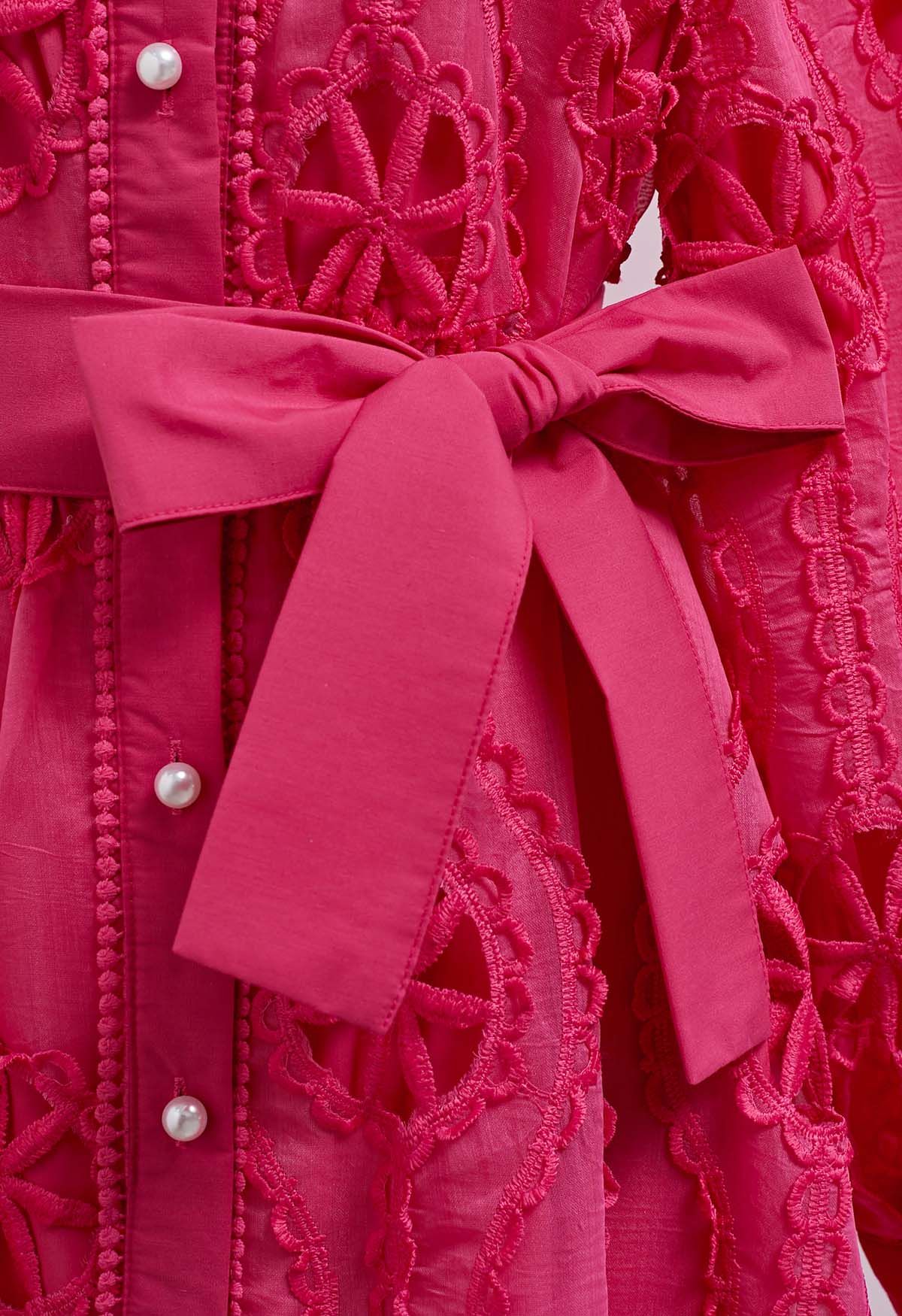 Cutwork الكروشيه زر أسفل فستان ميدي باللون الوردي الساخن