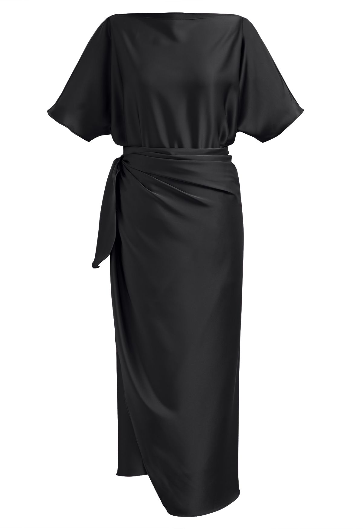 فستان طويل من الساتان بأكمام قصيرة وخصر ملفوف باللون الأسود