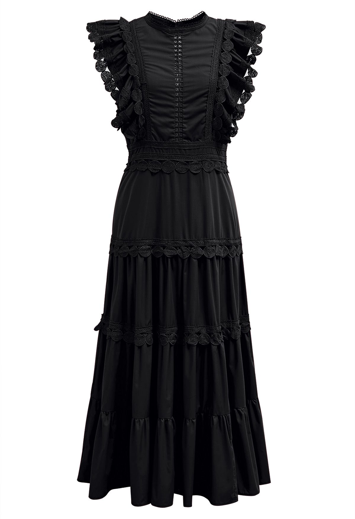 فستان ميدي بدون أكمام بحواف كروشيه باللون الأسود