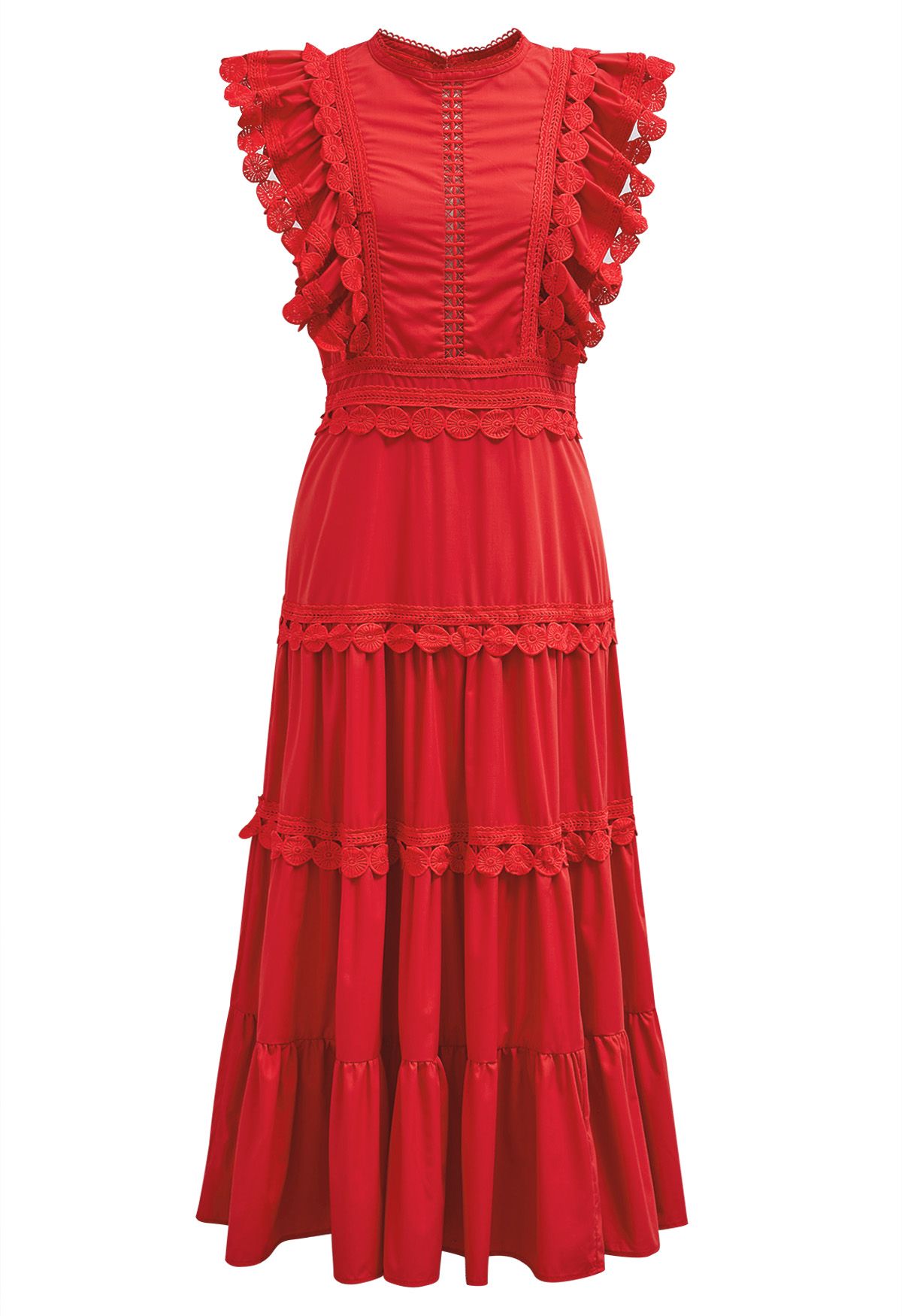 فستان ميدي بدون أكمام بحواف كروشيه باللون الأحمر