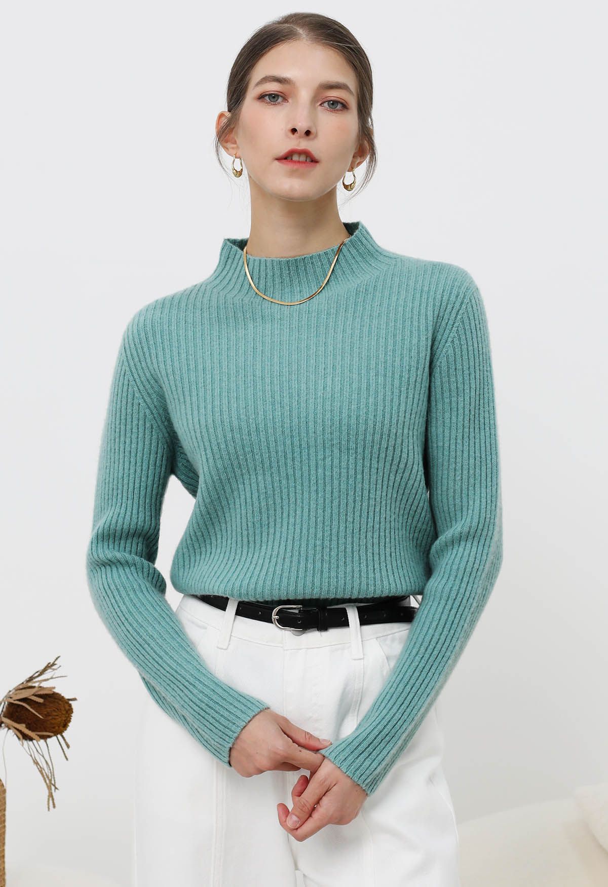 سترة صوفية Elemental Mock Neck بأكمام طويلة باللون الأزرق المخضر