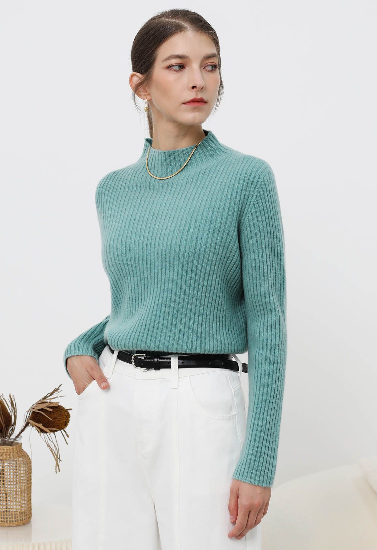 سترة صوفية Elemental Mock Neck بأكمام طويلة باللون الأزرق المخضر