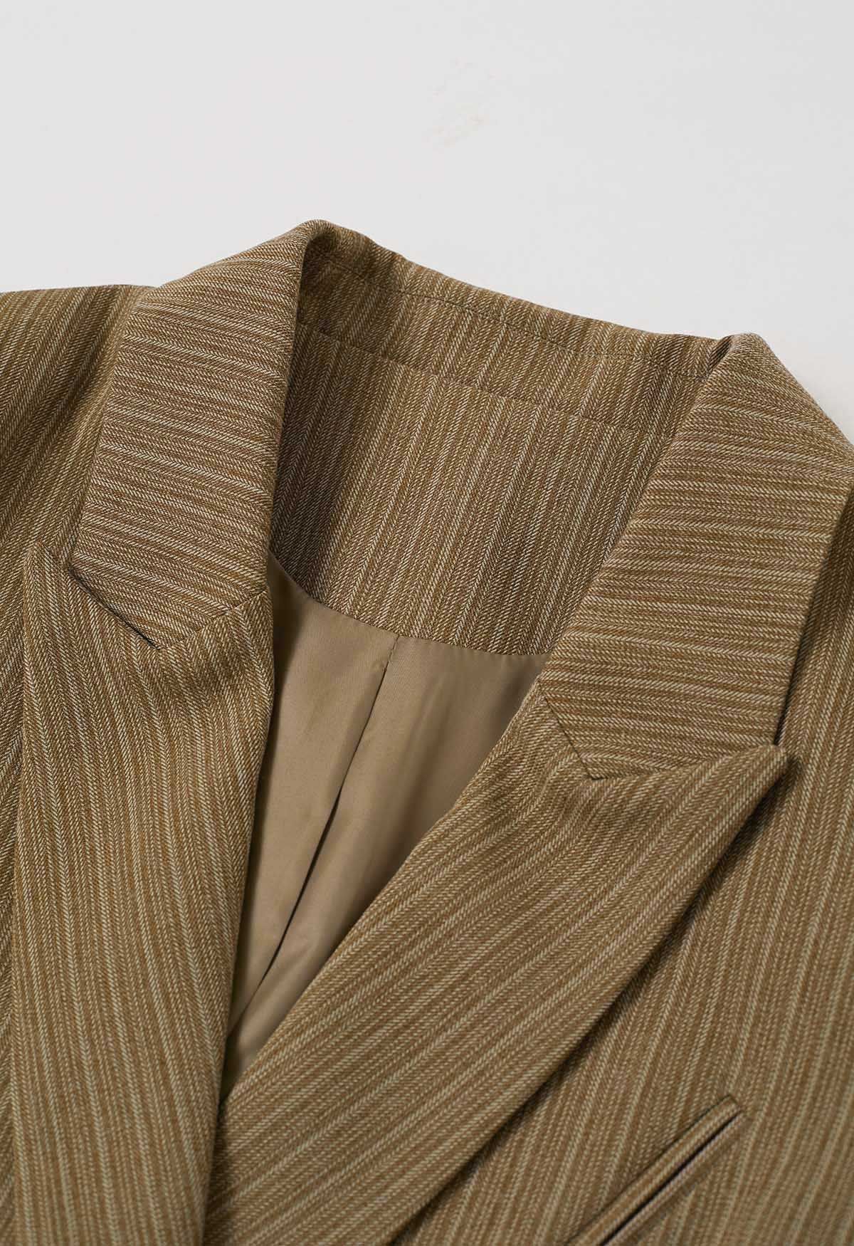 Everlasting Striped Padded Shoulder Oversized Blazer in Camel