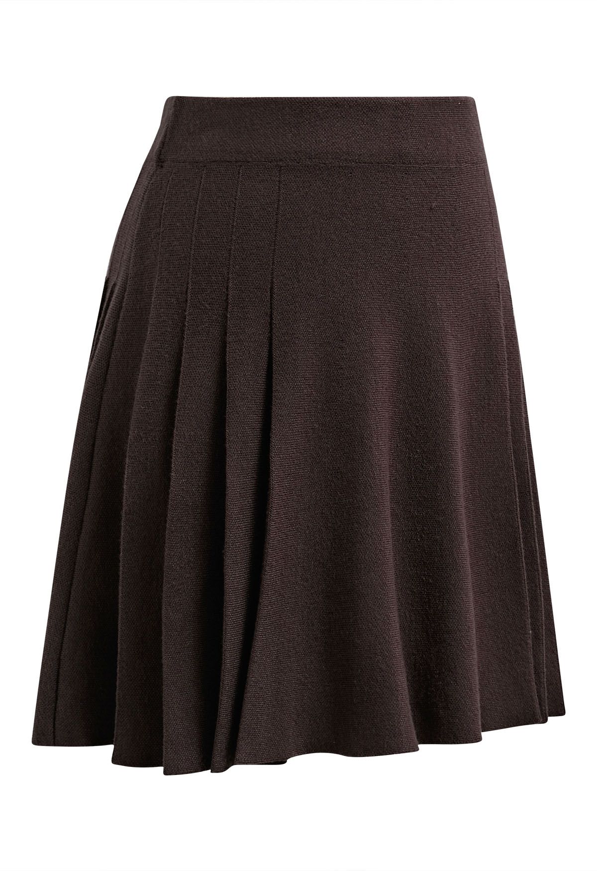 Side Pleats Knit Mini Skirt in Brown