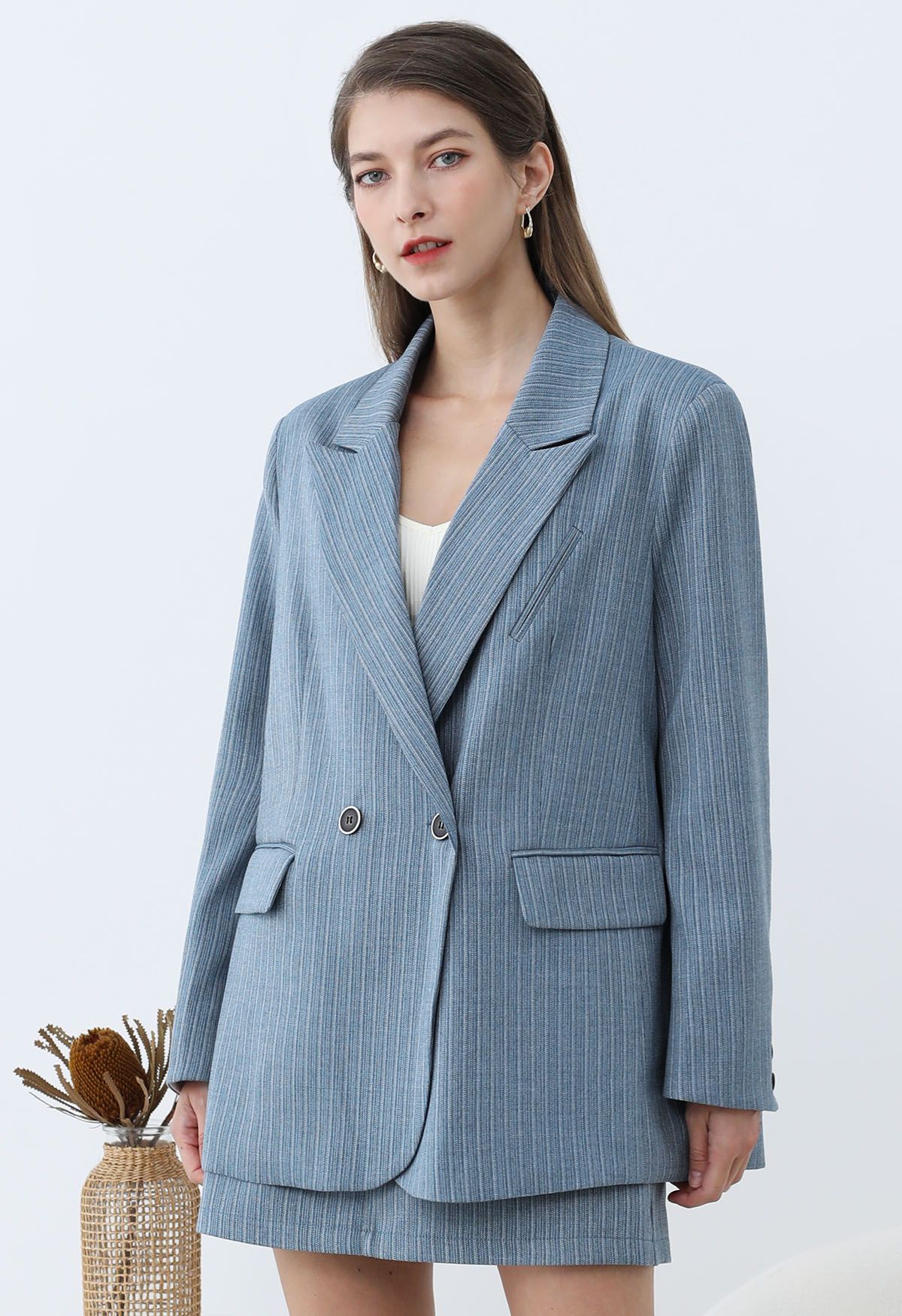 سترة Everlasting Striped Large Size Blazer باللون الأزرق