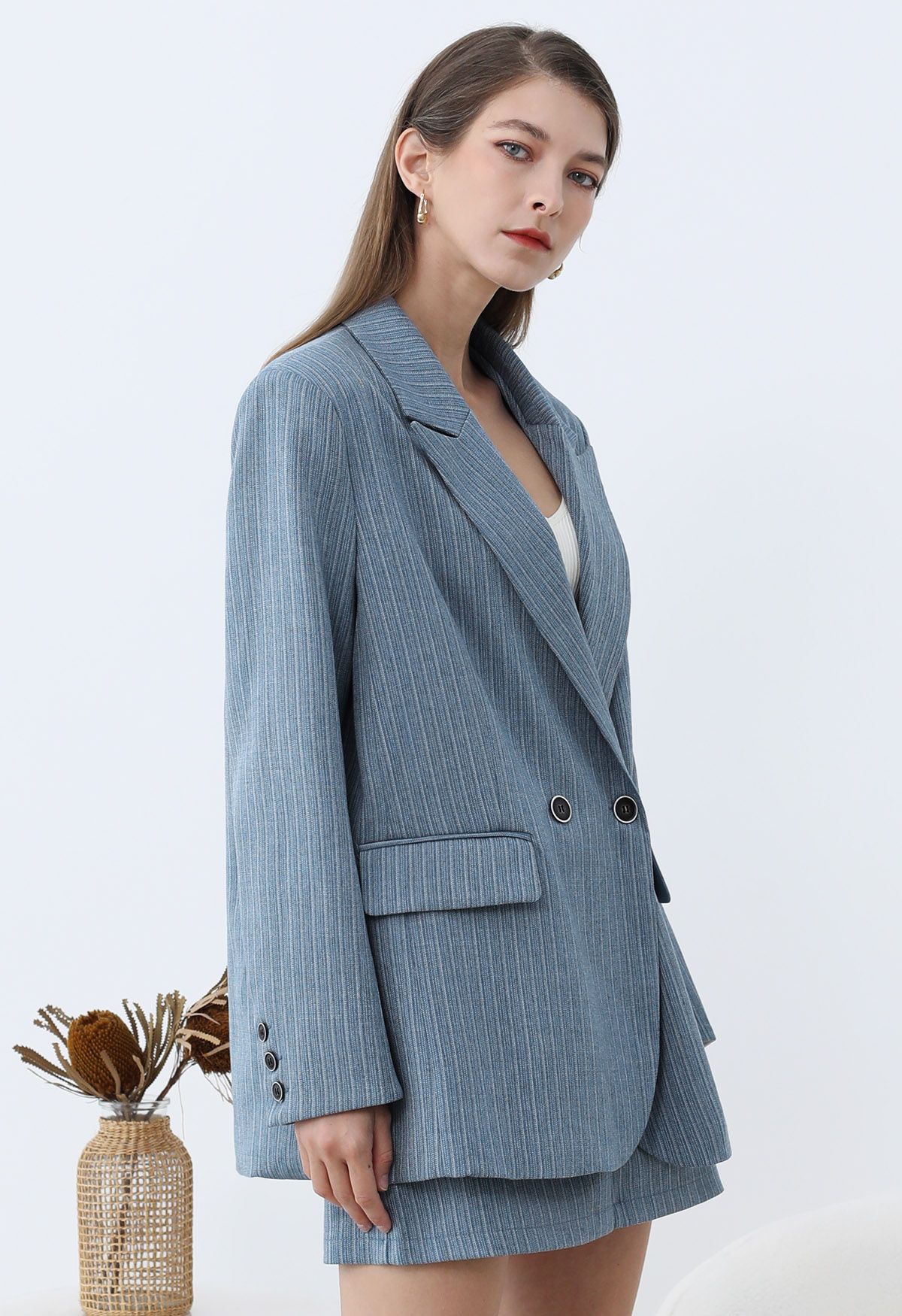 سترة Everlasting Striped Large Size Blazer باللون الأزرق