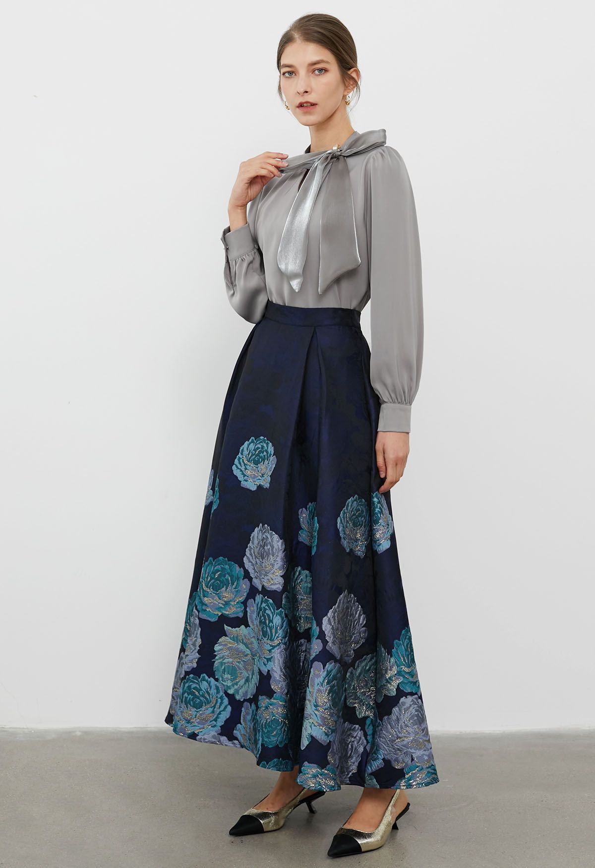 Midnight Blue Peony Jacquard Flare Maxi Skirt