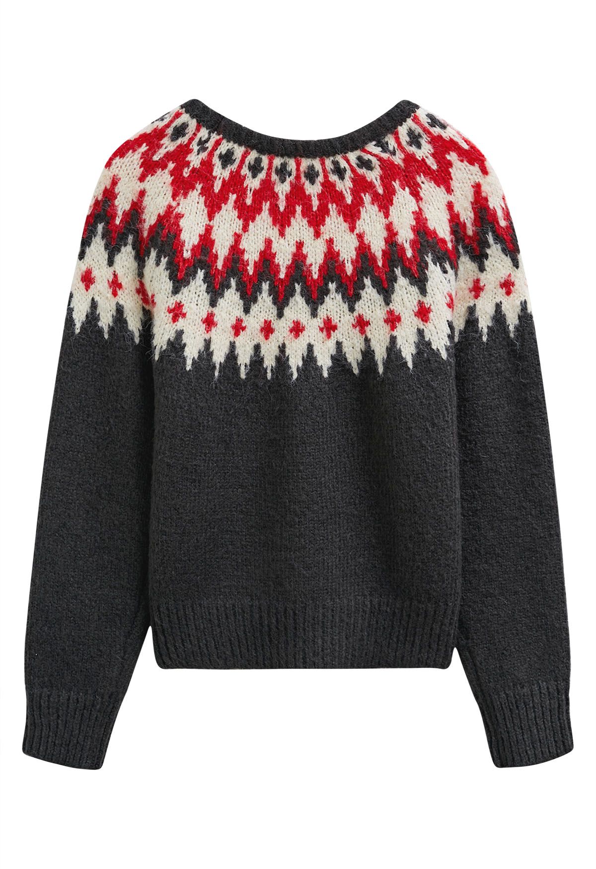 Winter Whimsy Fair Isle Ribbed Knit Sweater in Smoke