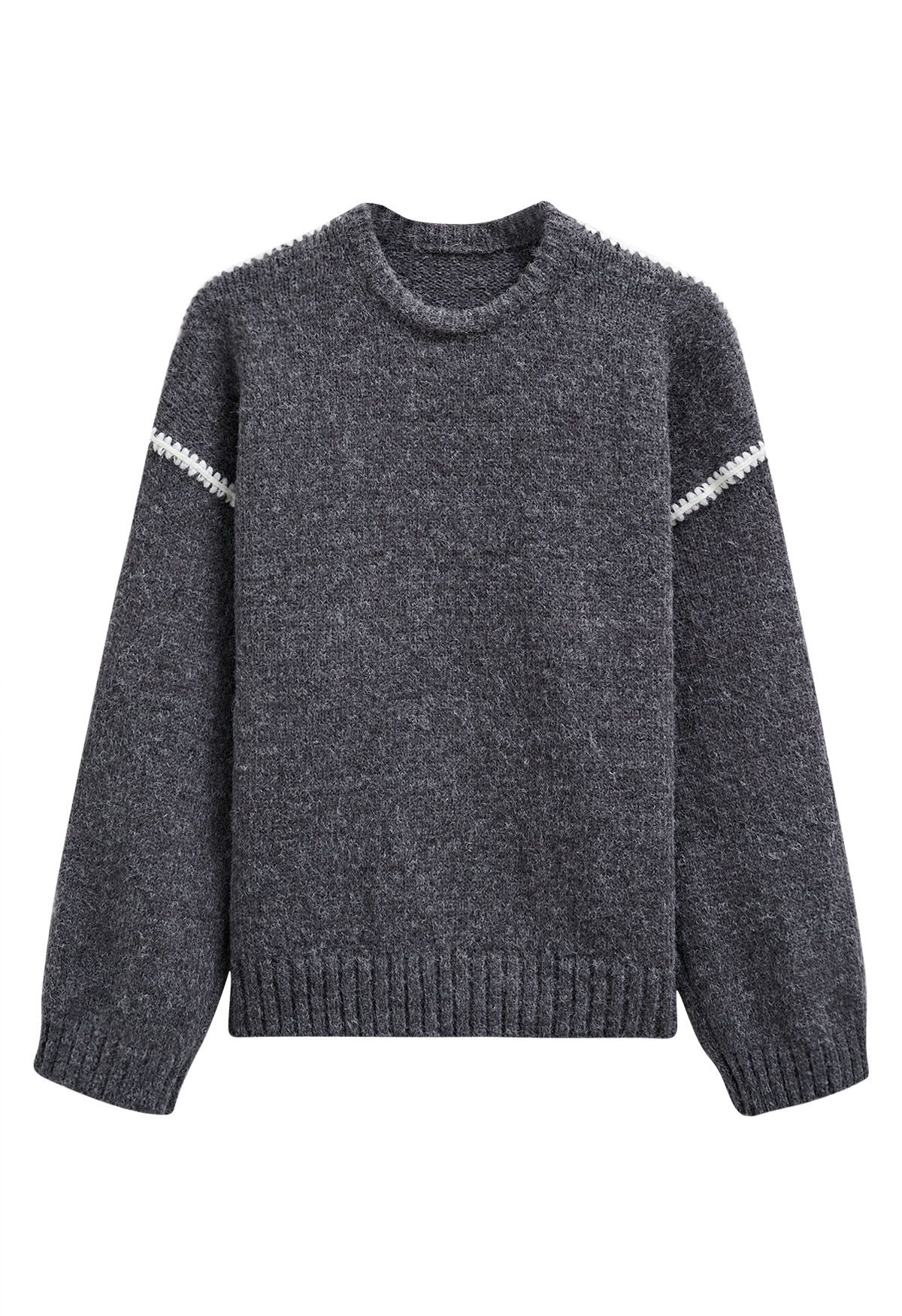 Contrast Stripe Dropped Shoulder Rib Knit Sweater in Smoke