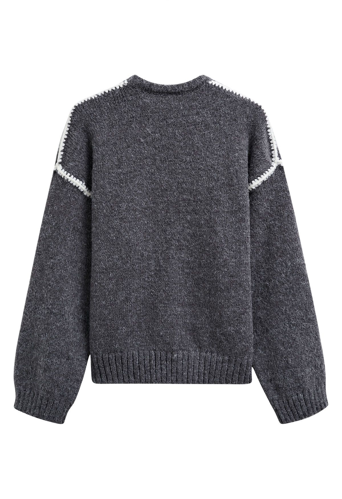 Contrast Stripe Dropped Shoulder Rib Knit Sweater in Smoke