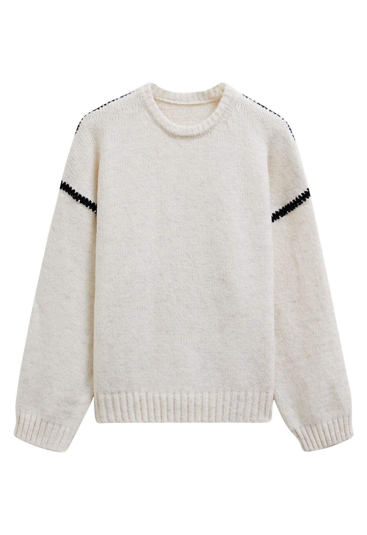 Contrast Stripe Dropped Shoulder Rib Knit Sweater in Cream