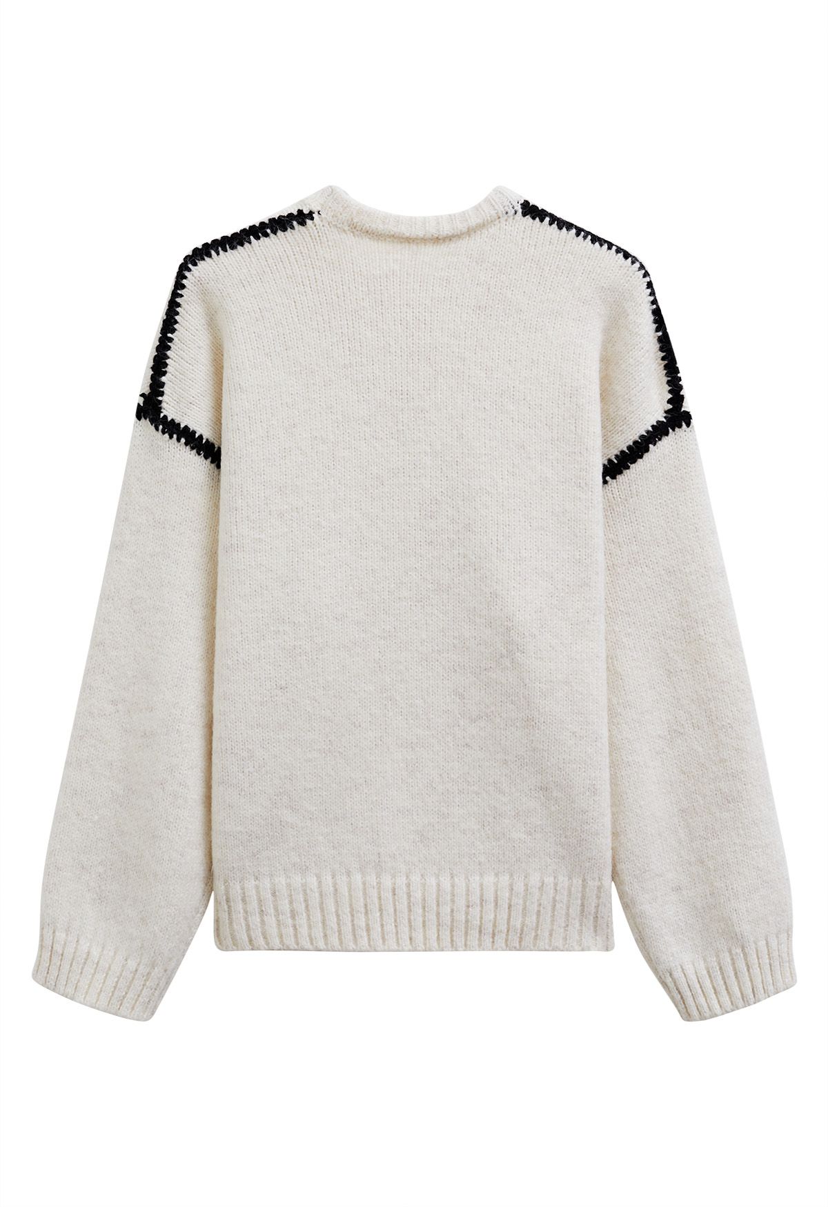 Contrast Stripe Dropped Shoulder Rib Knit Sweater in Cream