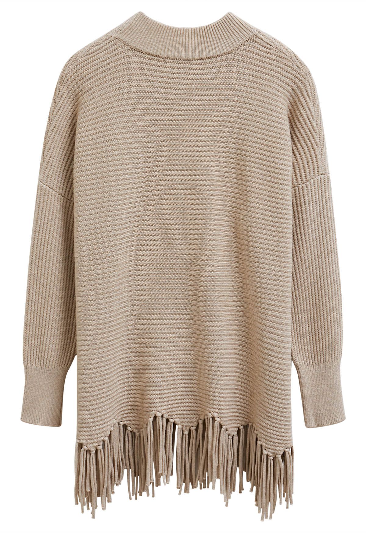 Asymmetric Fringe Hem Drop Shoulder Knit Sweater in Light Tan