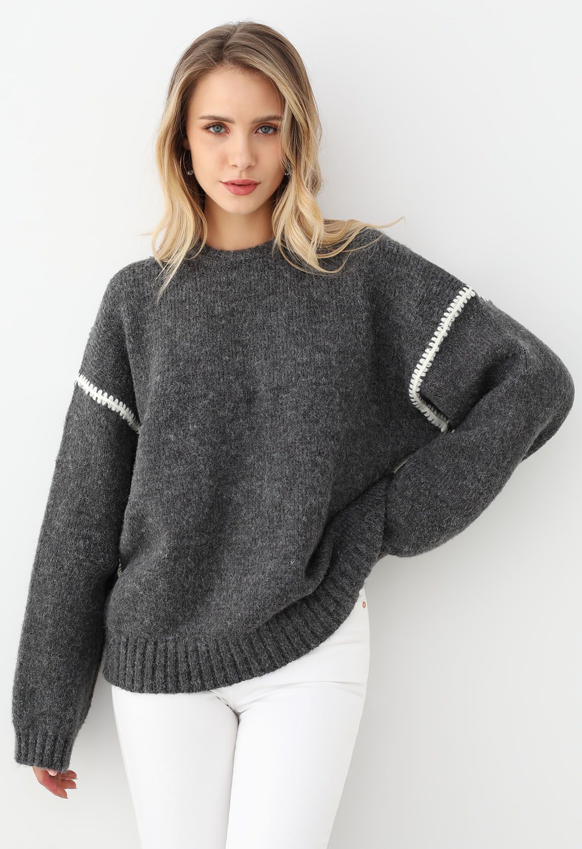 Contrast Stripe Dropped Shoulder Rib Knit Sweater in Smoke