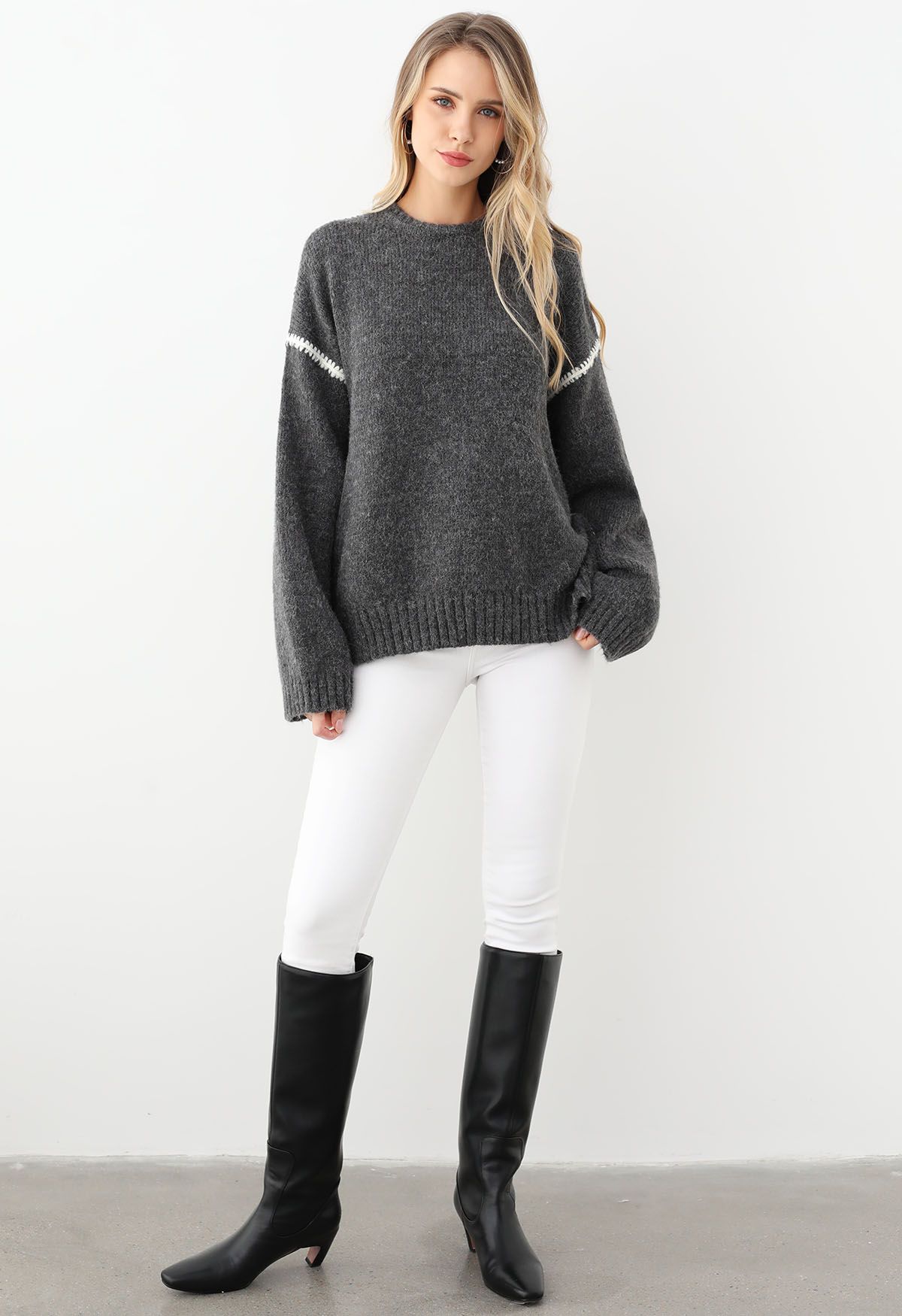 Contrast Stripe Dropped Shoulder Rib Knit Sweater in Smoke