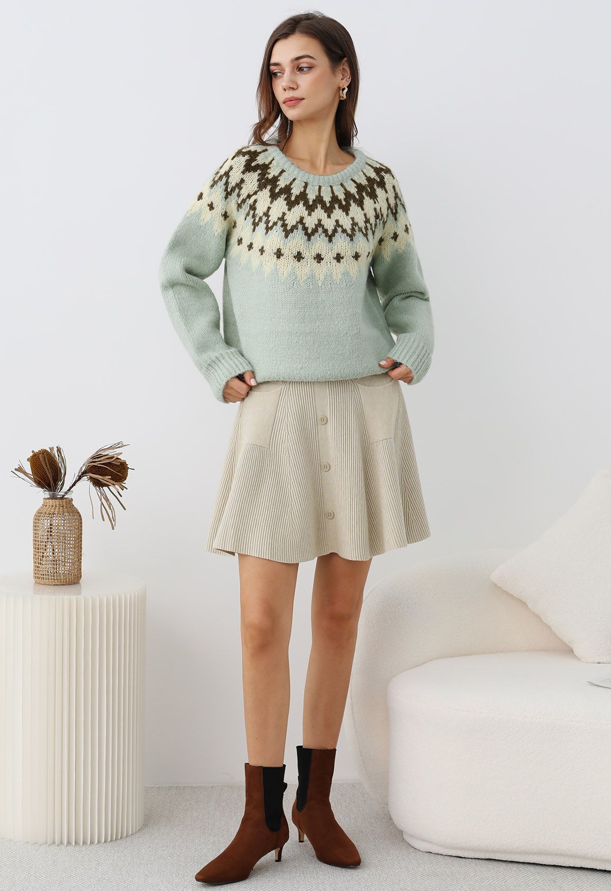 Winter Whimsy Fair Isle Ribbed Knit Sweater in Mint