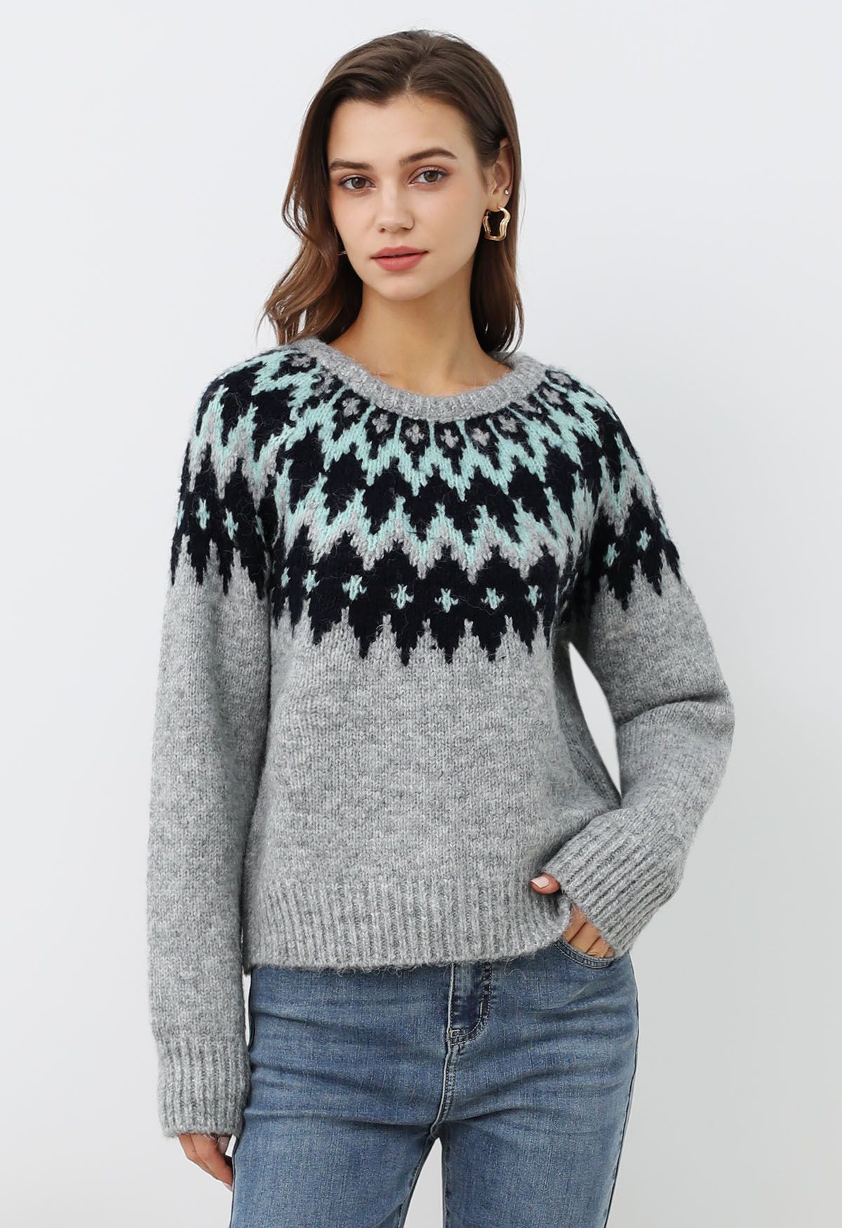 Winter Whimsy Fair Isle Ribbed Knit Sweater in Grey