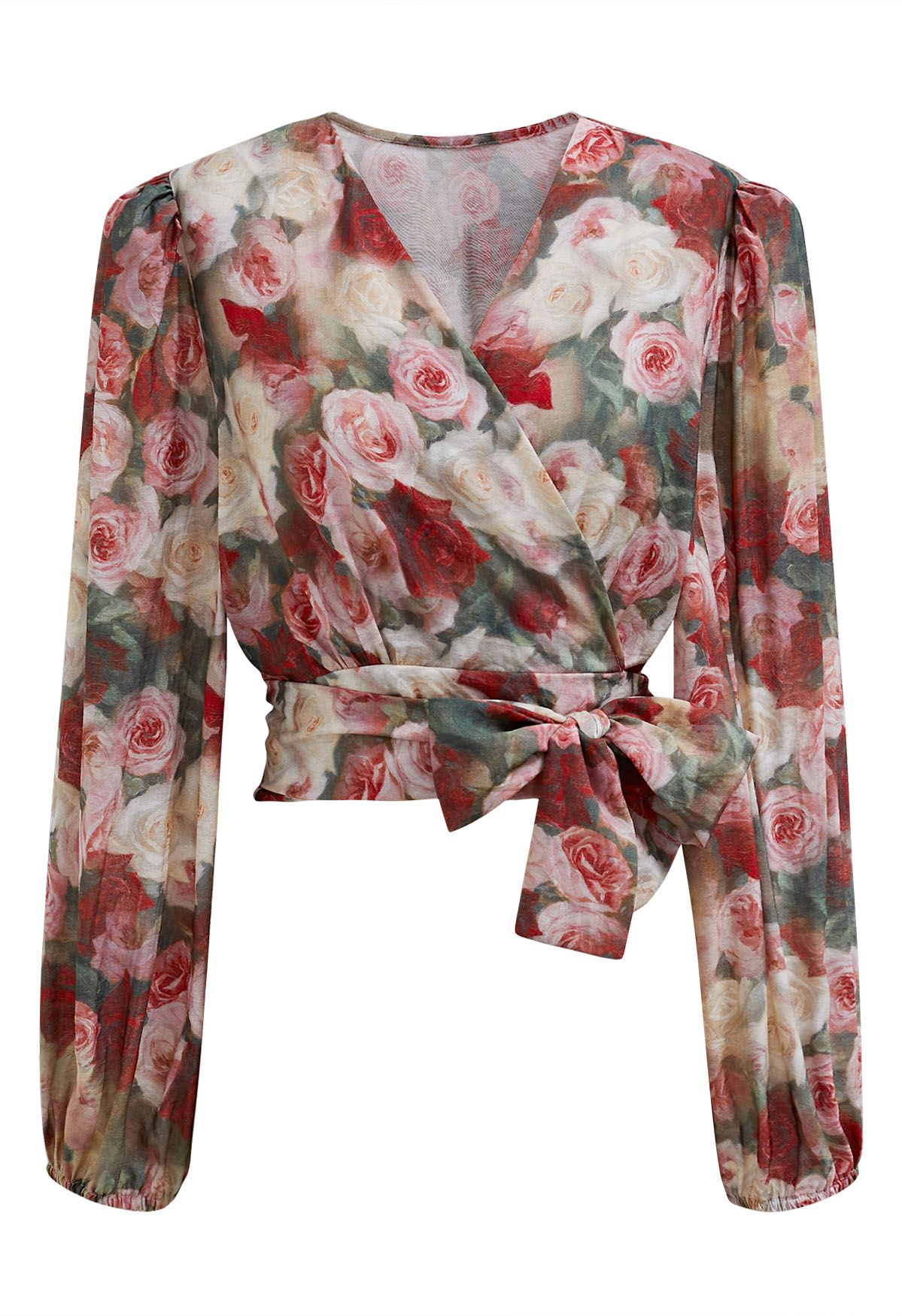 Romantic Rose Print Tie-Waist Wrap Top