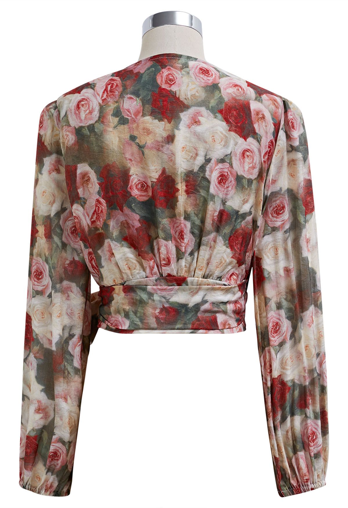 Romantic Rose Print Tie-Waist Wrap Top