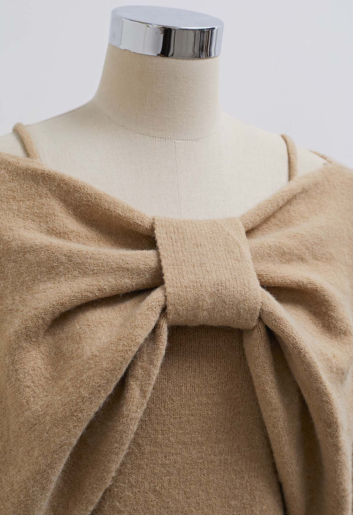 Mesmerizing Bowknot Cami Top and Sweater Set in Camel