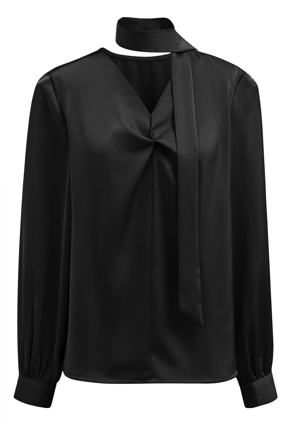 Ribbon V-Neckline Twist Detail Satin Top in Black