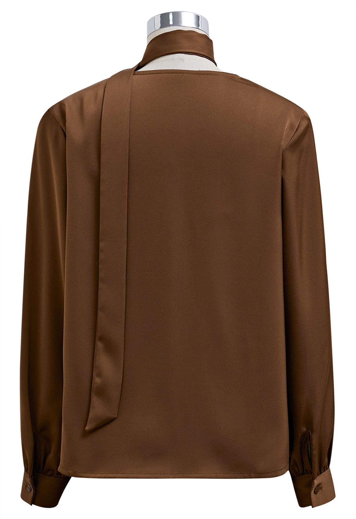 Ribbon V-Neckline Twist Detail Satin Top in Brown