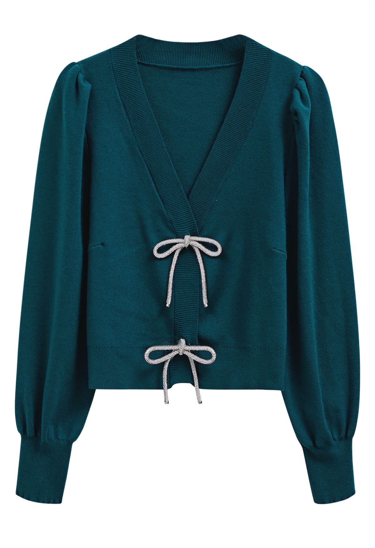 Sparkling Bowknot Buttoned Lantern Sleeve Knit Cardigan in Teal