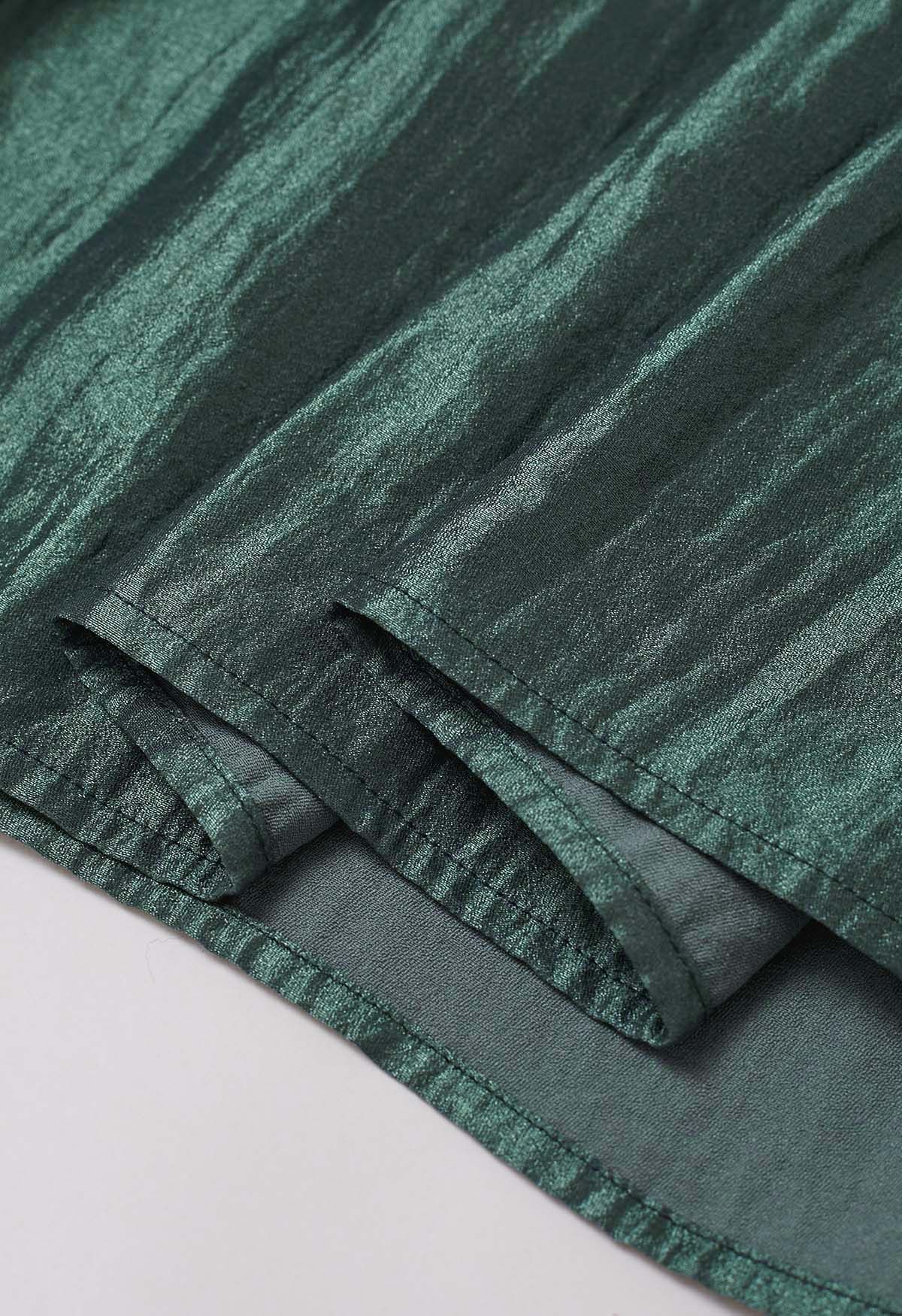 Glossy Emerald Pleated Midi Skirt