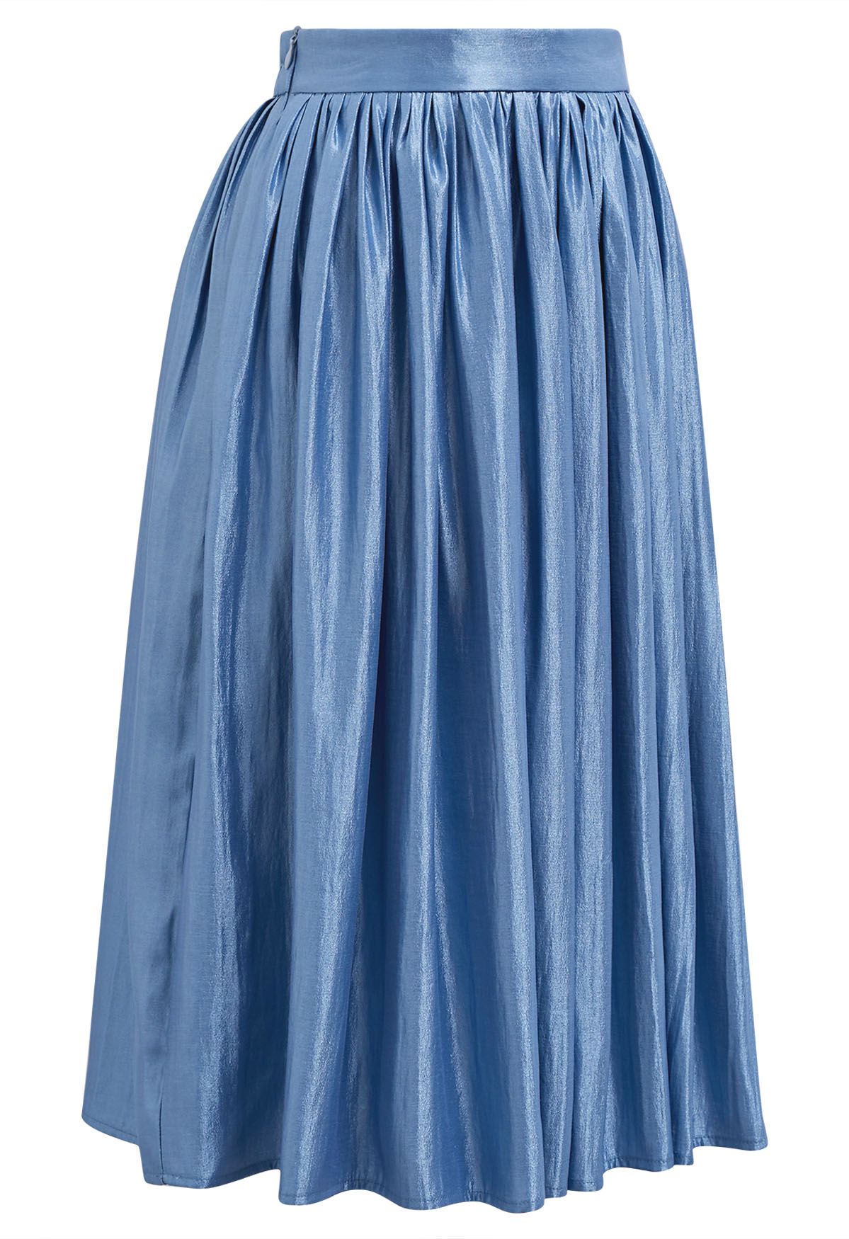 Glossy Blue Pleated Midi Skirt