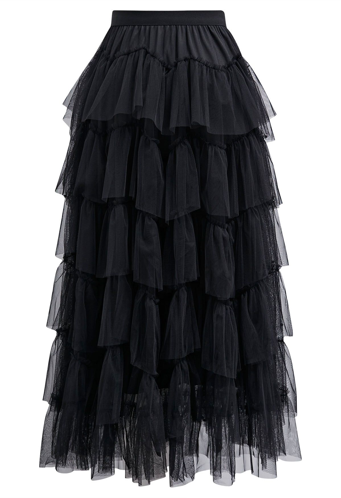 Ethereal Tiered Pearl Tulle Maxi Skirt in Black