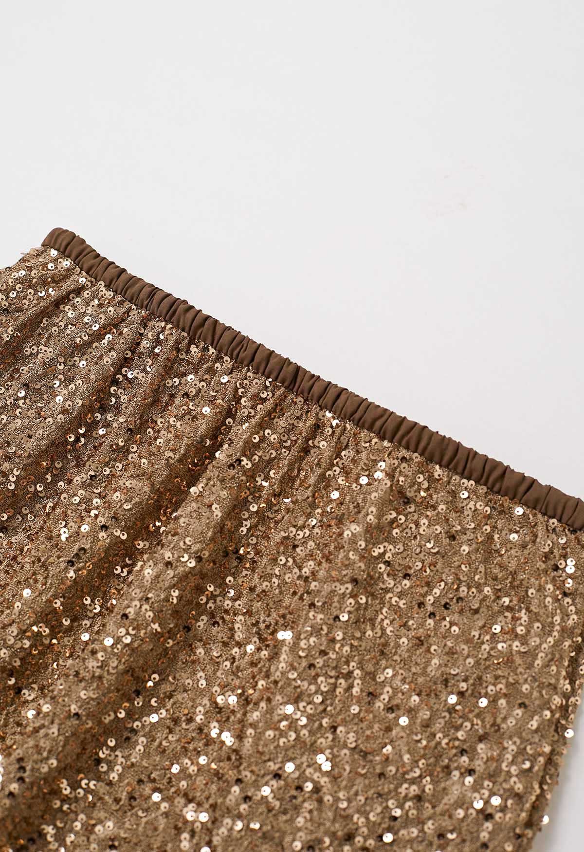 Full Sequin Mermaid Maxi Skirt in Tan