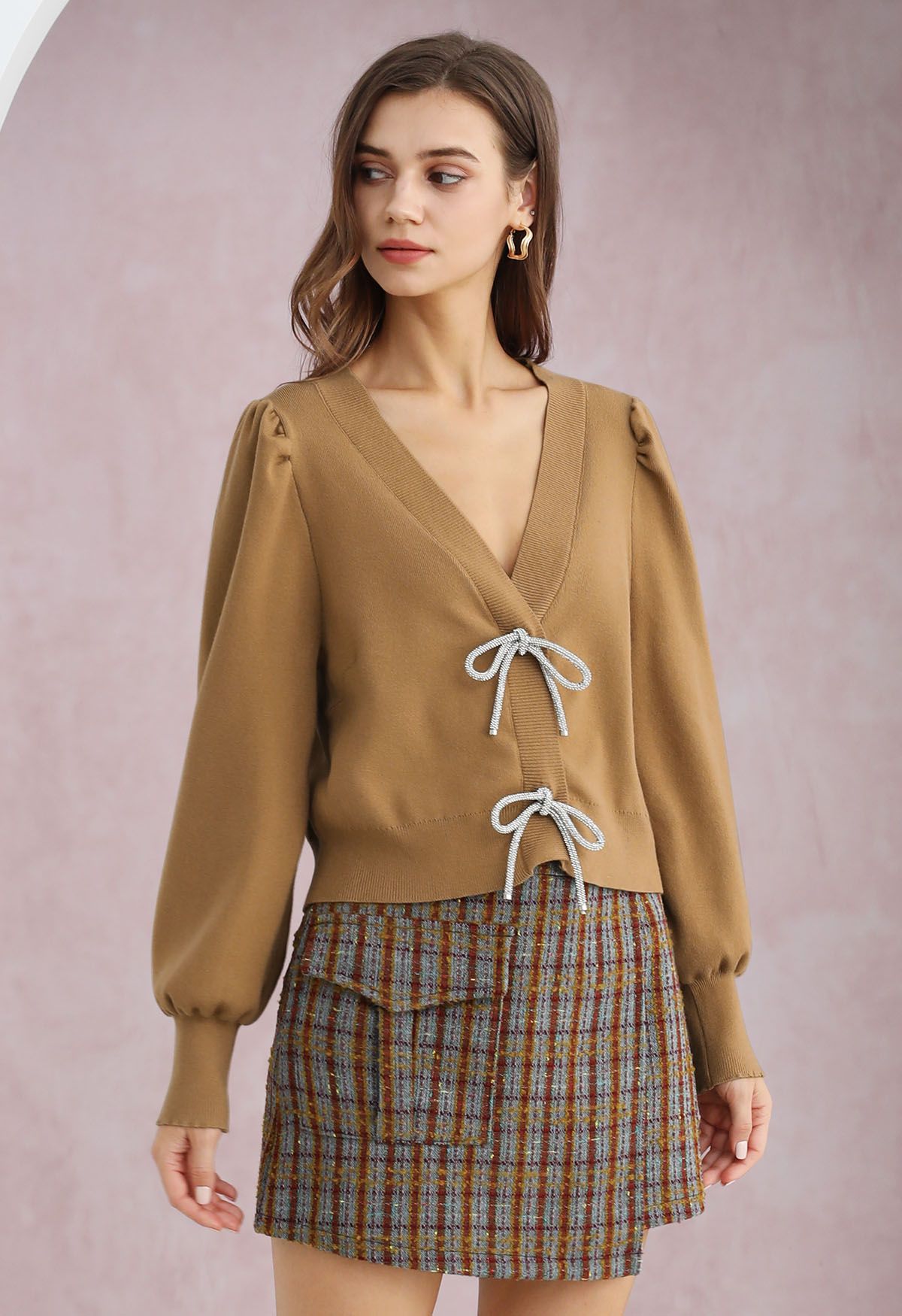 Sparkling Bowknot Buttoned Lantern Sleeve Knit Cardigan in Camel