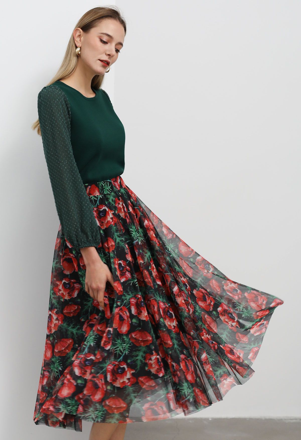 Scarlet Floral Printed Mesh Tulle Midi Skirt