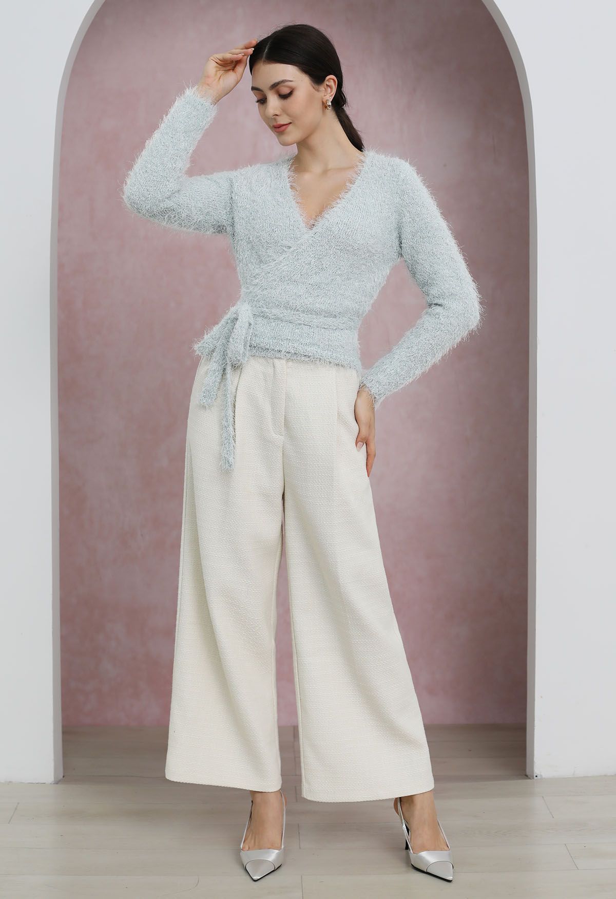 Wrap V-Neck Tie-Waist Fuzzy Knit Top in Light Blue