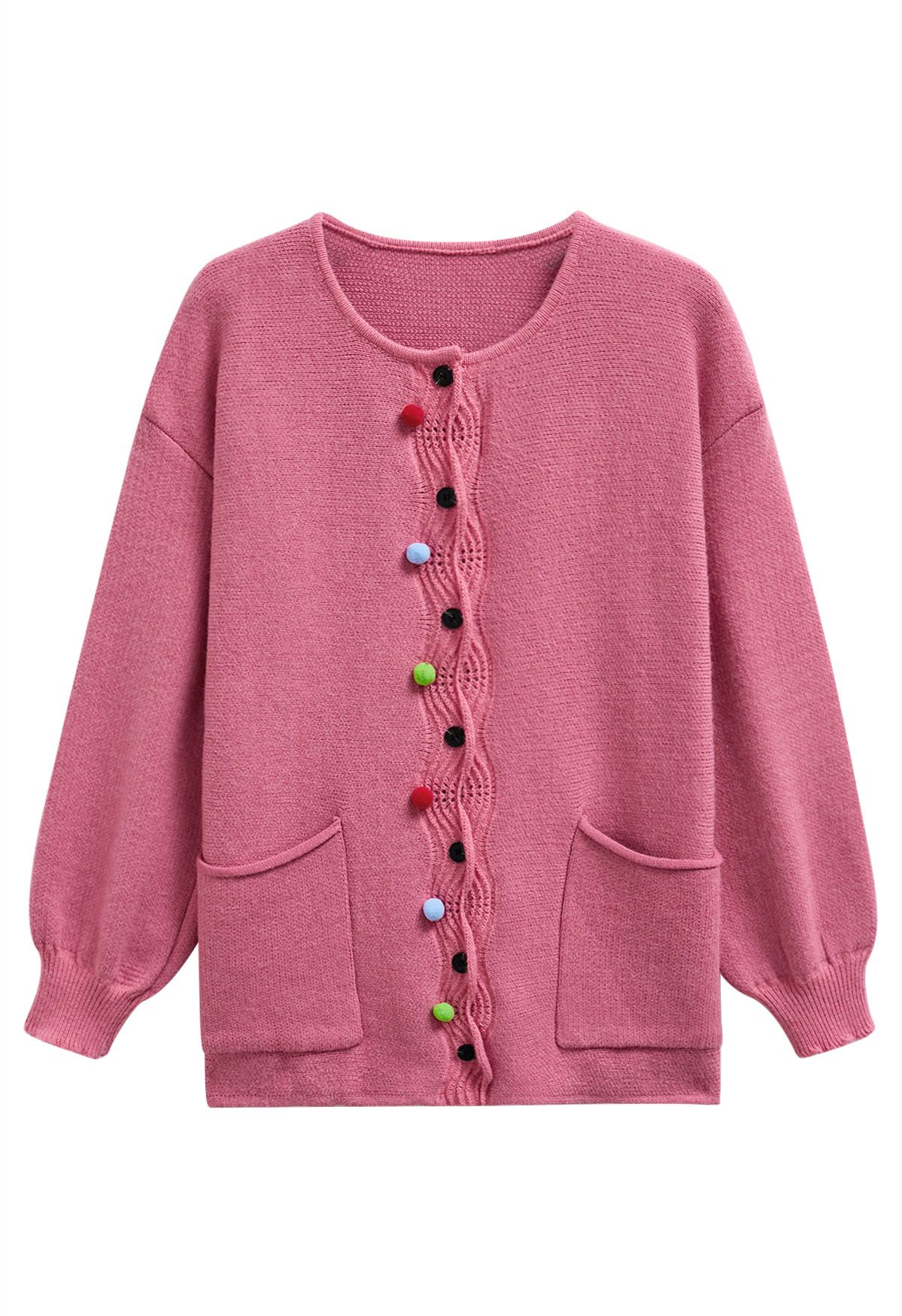 Colorful Pom-Pom Wavy Buttoned Patch Pocket Knit Cardigan in Pink