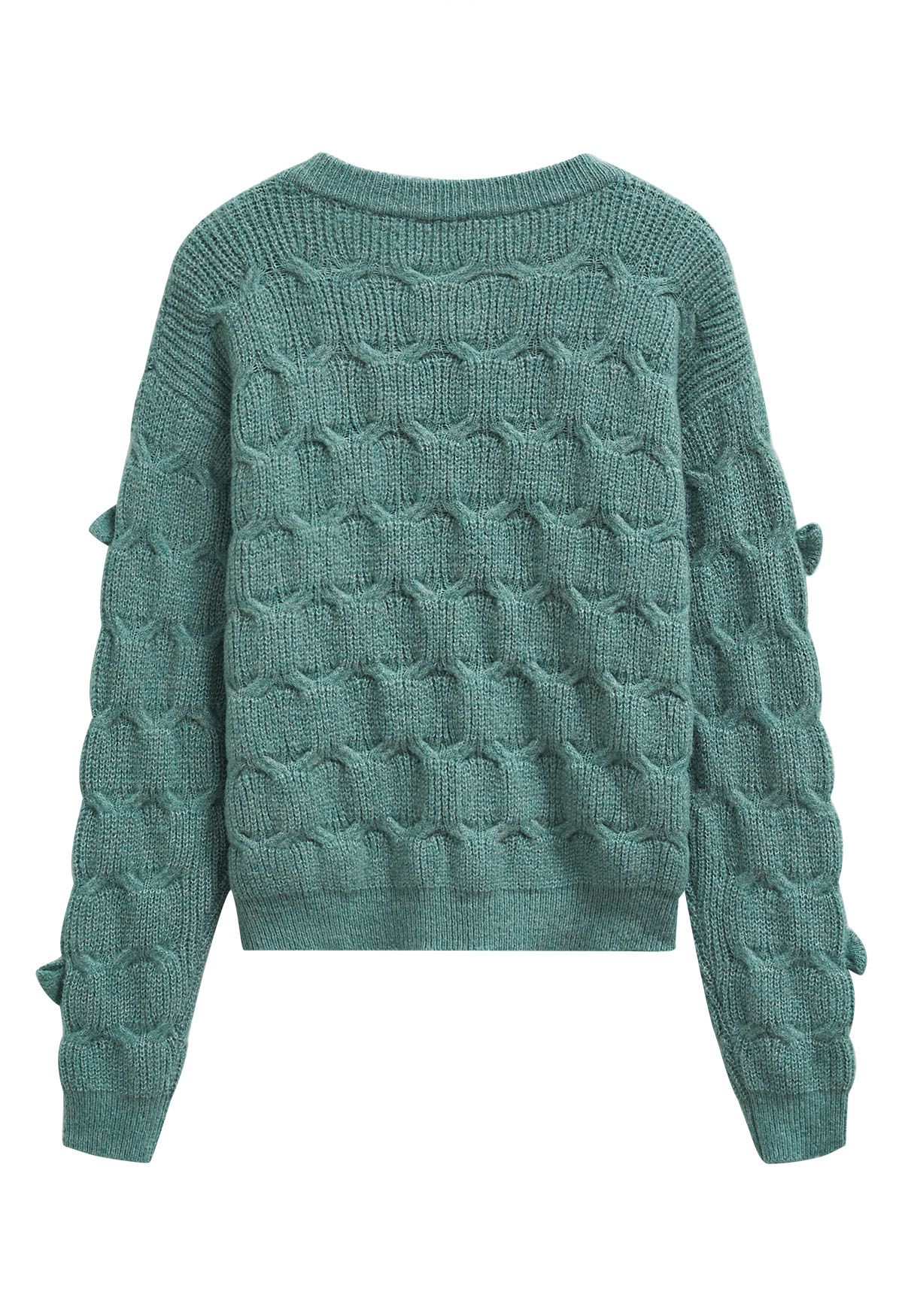 Playful Bow Geometric Textured Knit Sweater in Green