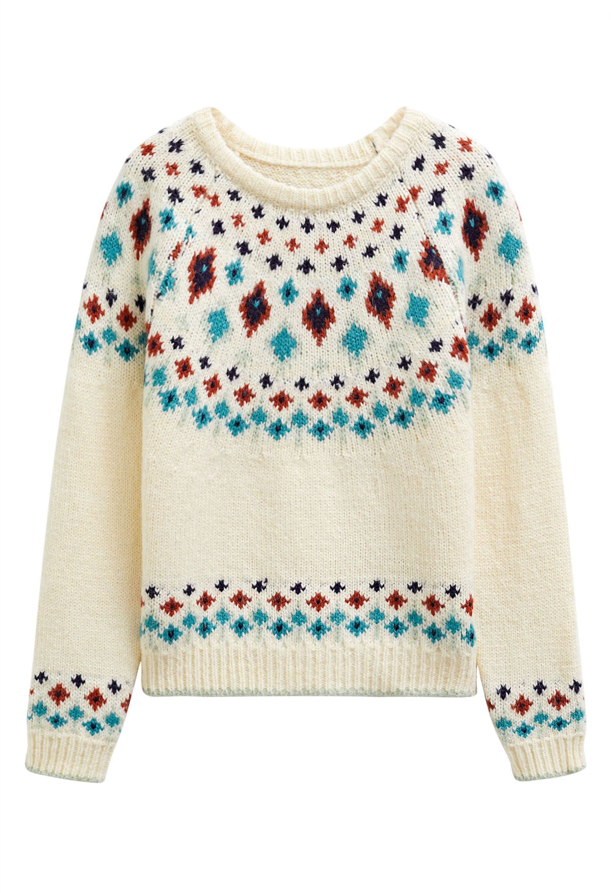 Snowflake Wonderland Fair Isle Knit Sweater in Cream