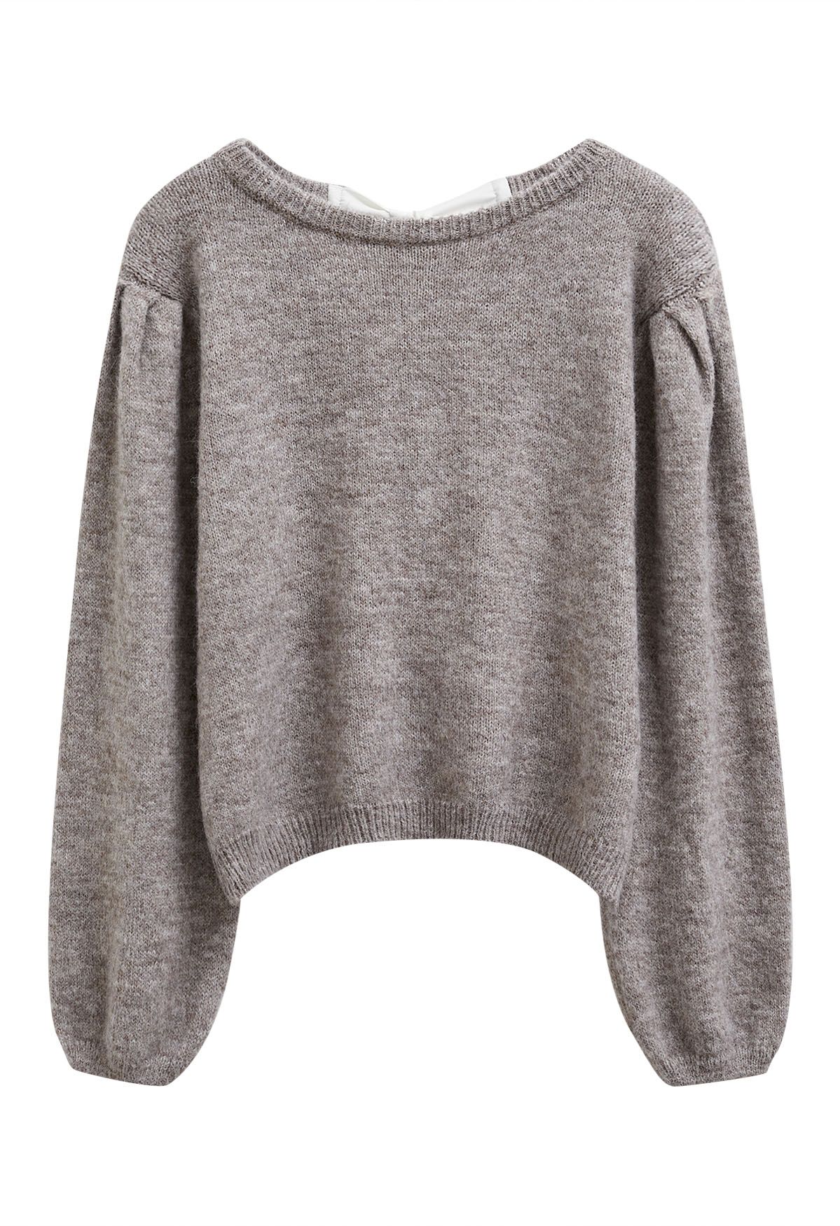 Bowknot Back Puff Sleeve Knit Sweater in Taupe