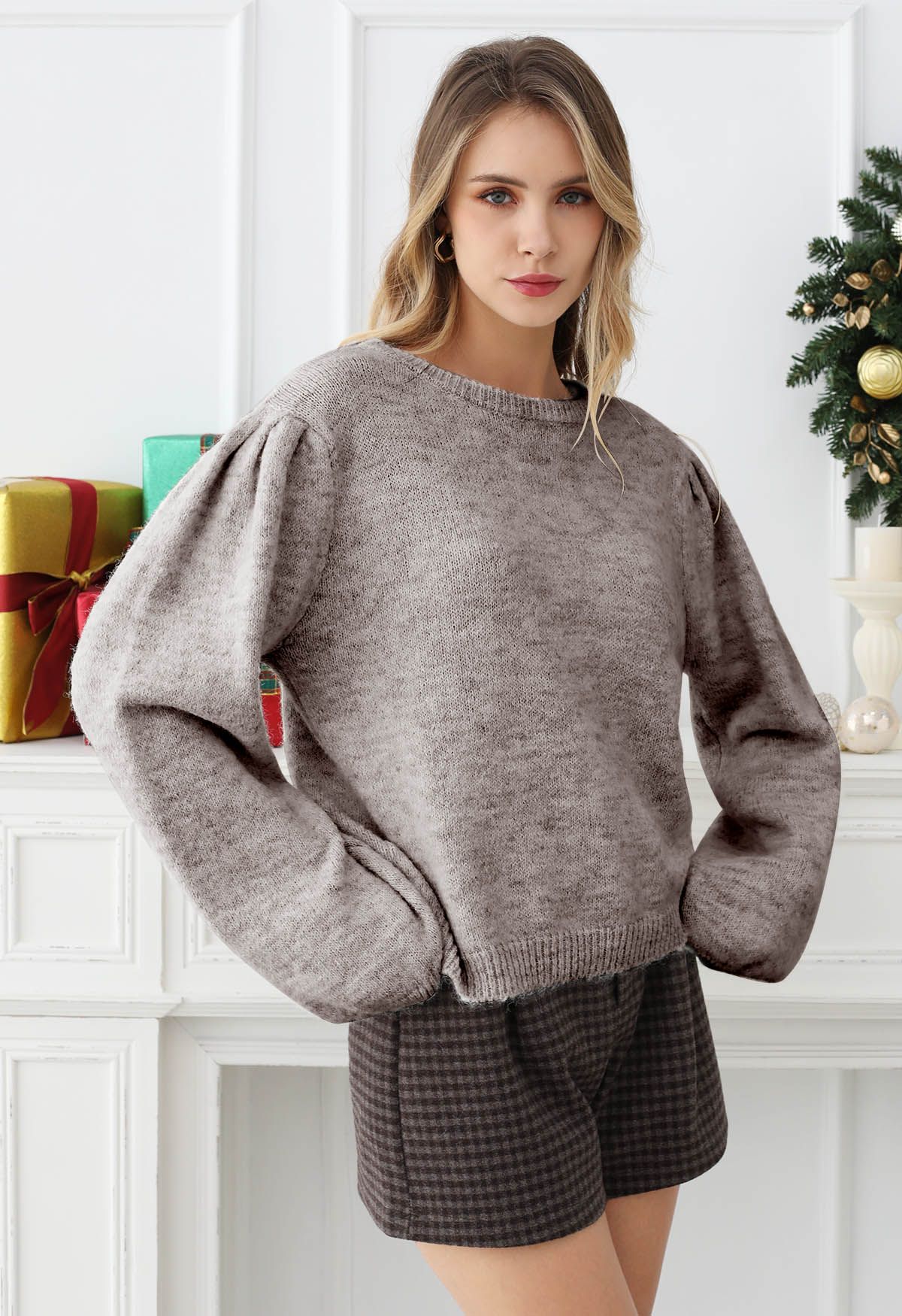 Bowknot Back Puff Sleeve Knit Sweater in Taupe