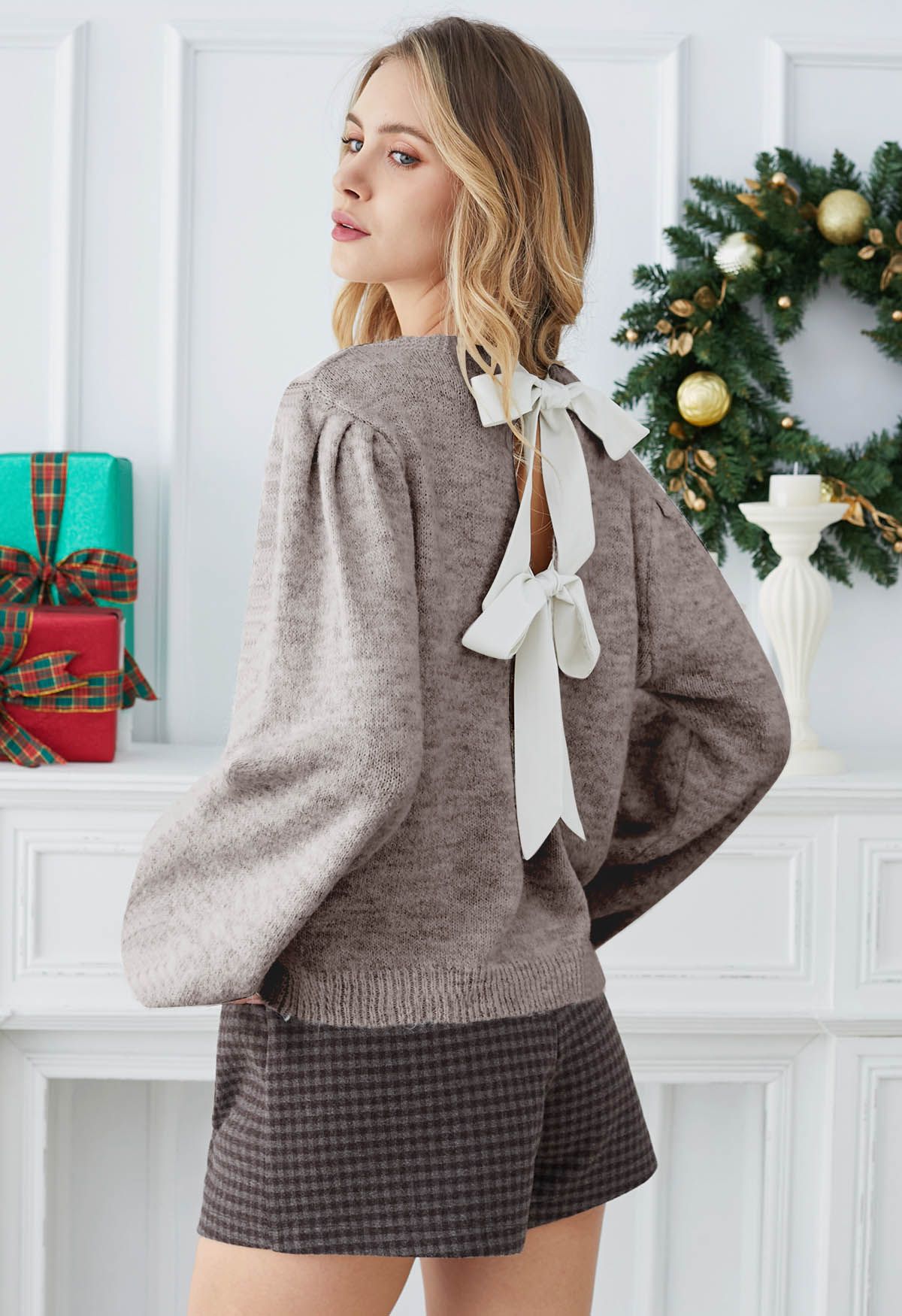 Bowknot Back Puff Sleeve Knit Sweater in Taupe