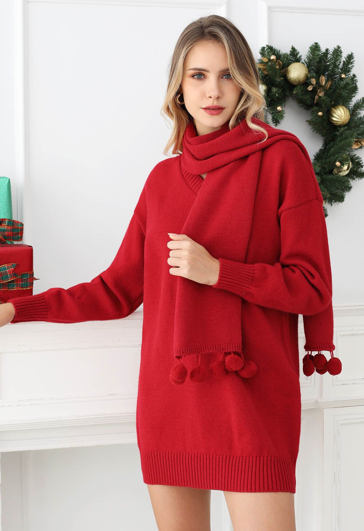 Cozy Red Dropped Shoulder Knit Sweater Dress with Pom-Pom Scarf