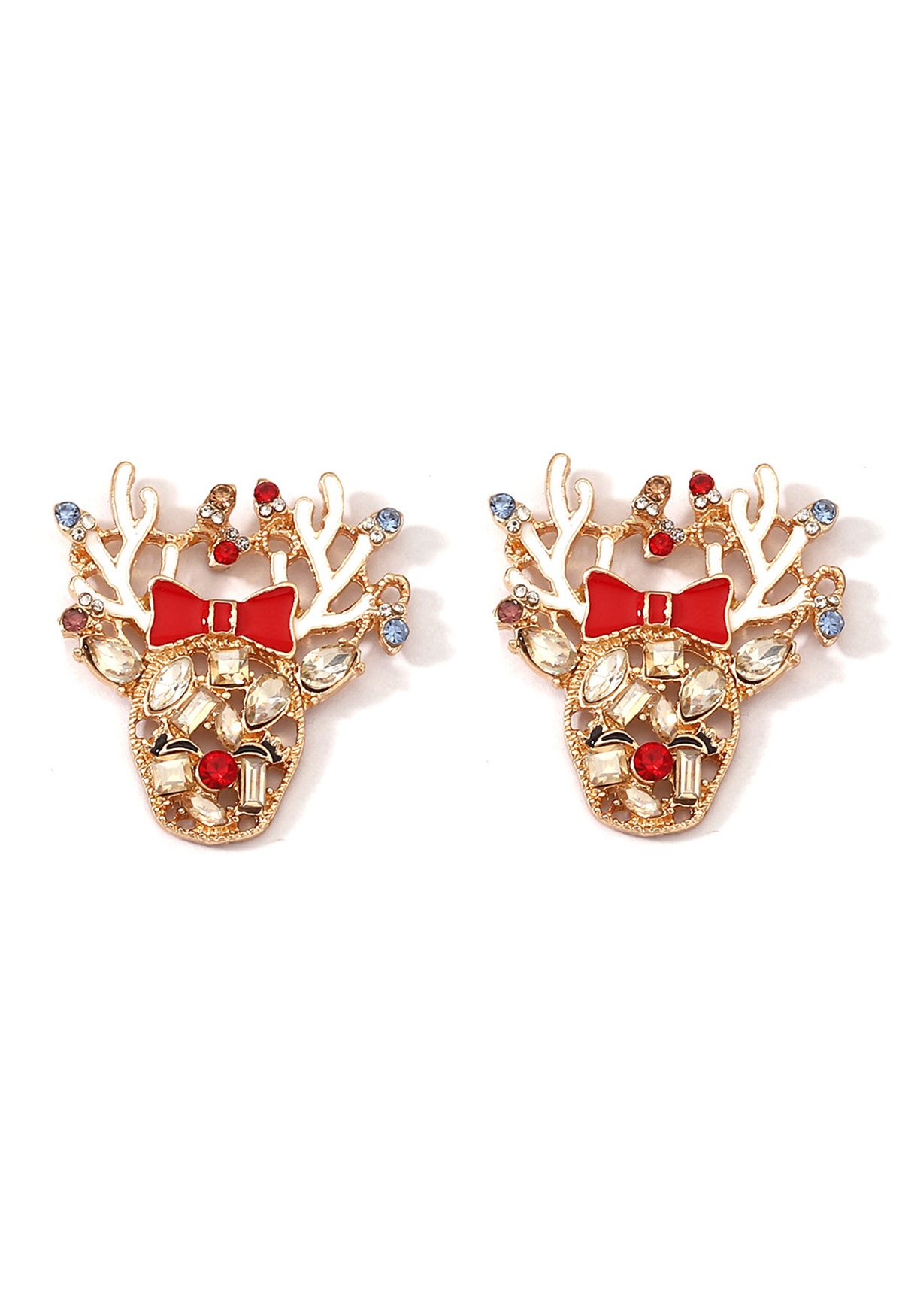 Golden Deer Rhinestone Oil Spill Earrings in Red Bow